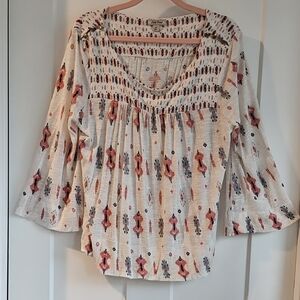 Lucky Brand Ivory and Coral Patterned Blouse